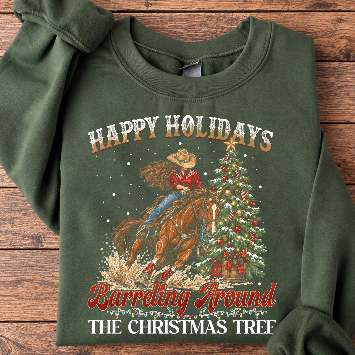 Christmas Cowgirl Barrel Racing Sweatshirt, Happy Holidays Barreling Around Crewneck Sweatshirt Xmas Gift For Barrel Racing Lover