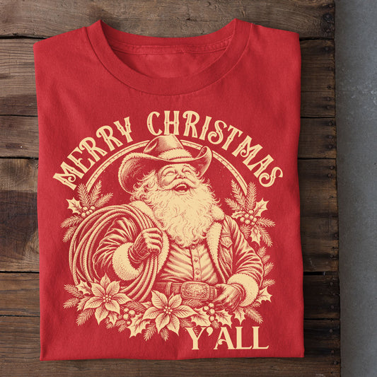 Funny Merry Christmas Y'all T-shirt, Cowboy Santa Claus Tees Xmas Gift For Cowboys