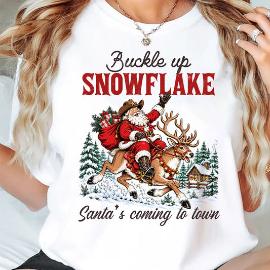 Funny Christmas Cowboy T-Shirt, Buckle Up Snowflake Santa's Coming To Town Tees Xmas Gift For Cowboys