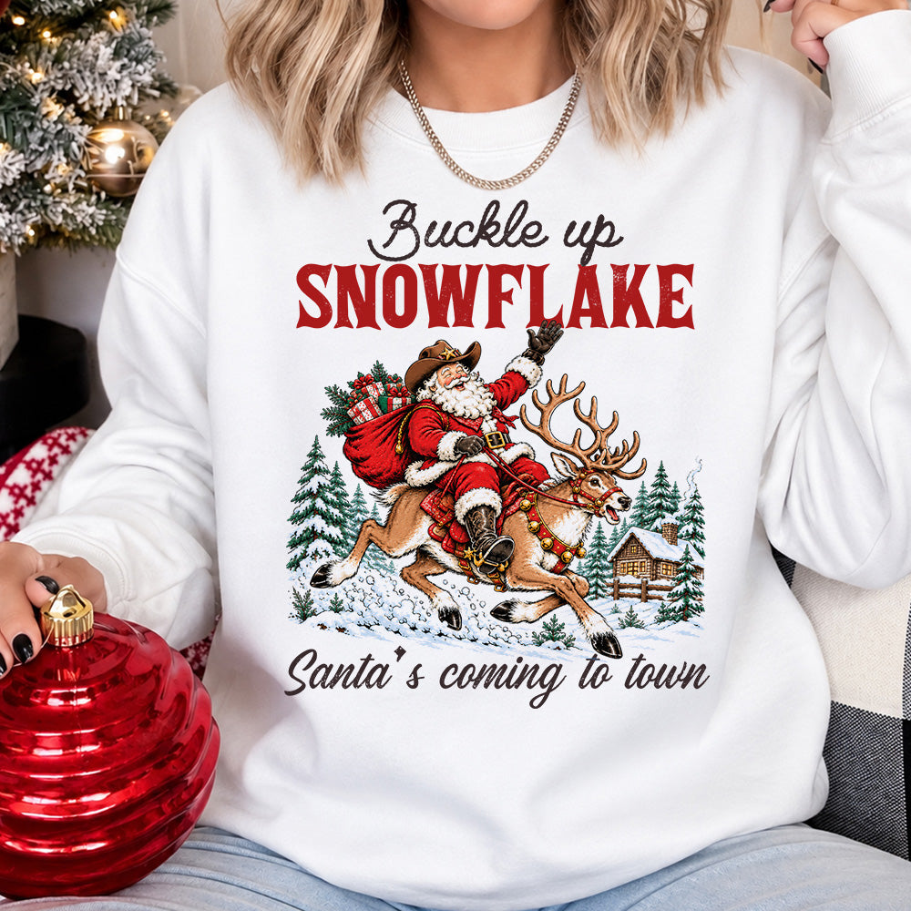 Funny Christmas Cowboy T-Shirt, Buckle Up Snowflake Santa's Coming To Town Tees Xmas Gift For Cowboys