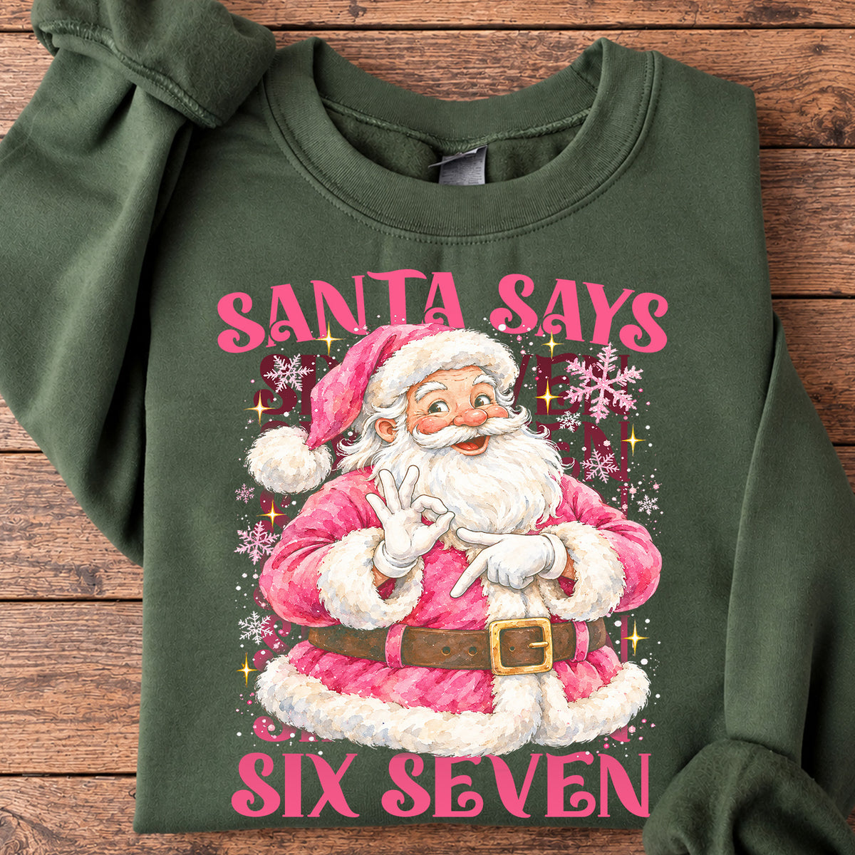 Funny Christmas 67 Meme Sweatshirt, Pink Santa Says Six Seven Crewneck Sweatshirt Xmas Gift For Teens