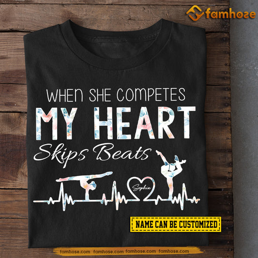 Personalized Gymnastic Mom Daughter T-shirt, When She Competes My Heart Skips Beats Tee Mother's Day Gift For Mom From Gymnastic Girl