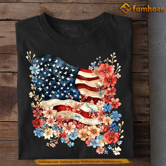 July 4th T-shirt, Floral American Flag Tees Gift For America Lovers