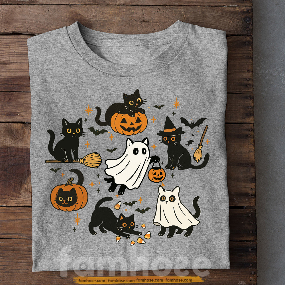 Halloween Cat T-shirt, Cute Cats Cosplay Ghost Tees Spooky Seasons Gift For Cat Lovers