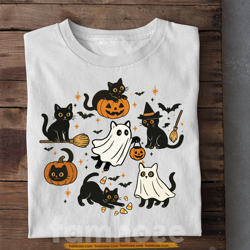 Halloween Cat T-shirt, Cute Cats Cosplay Ghost Tees Spooky Seasons Gift For Cat Lovers