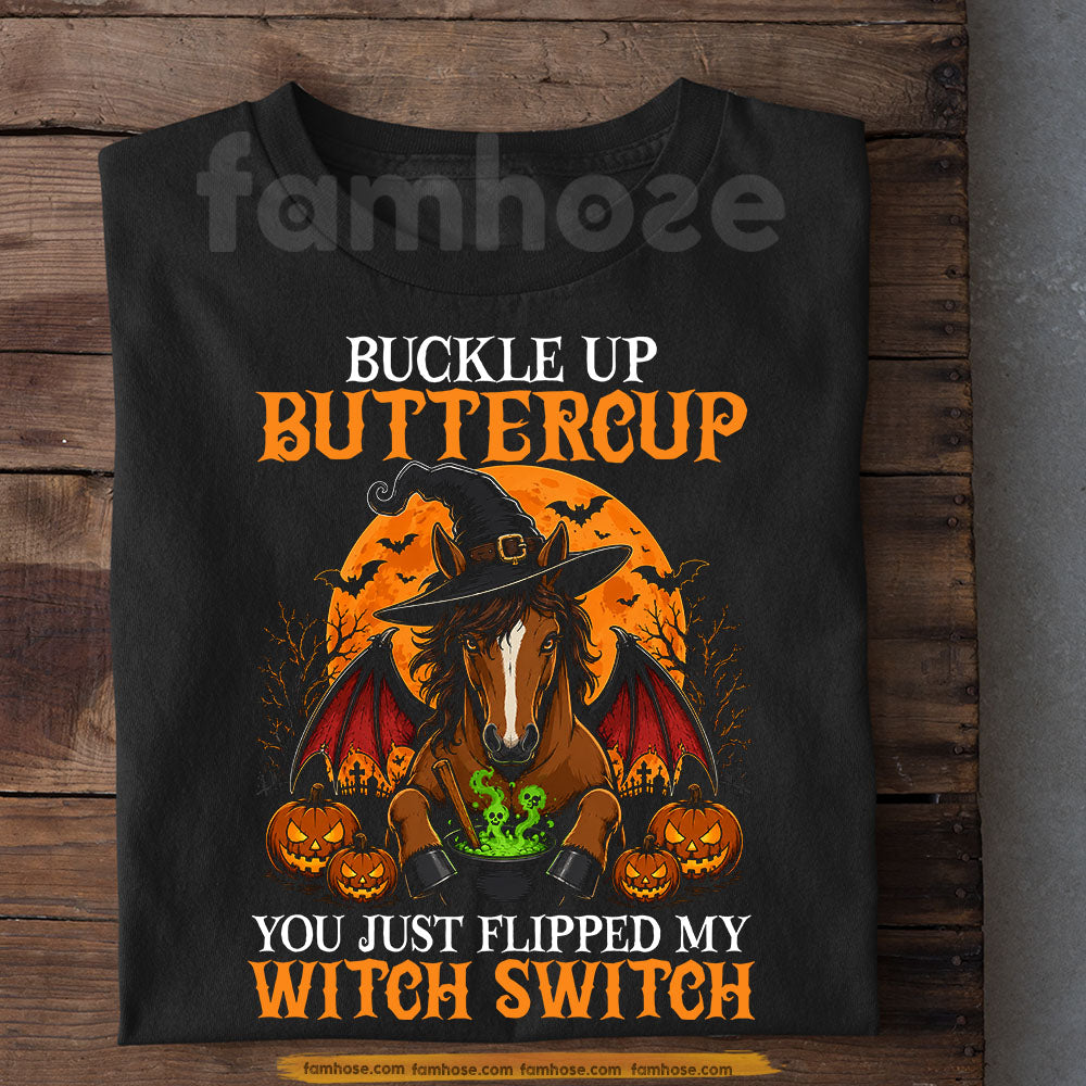 Funny Halloween Horse Witch T-Shirt, Buckle Up Buttercup Tees Spooky Season Gift For Horse Lover