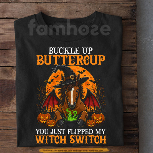 Funny Halloween Horse Witch T-Shirt, Buckle Up Buttercup Tees Spooky Season Gift For Horse Lover