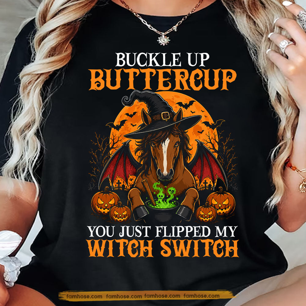 Funny Halloween Horse Witch T-Shirt, Buckle Up Buttercup Tees Spooky Season Gift For Horse Lover