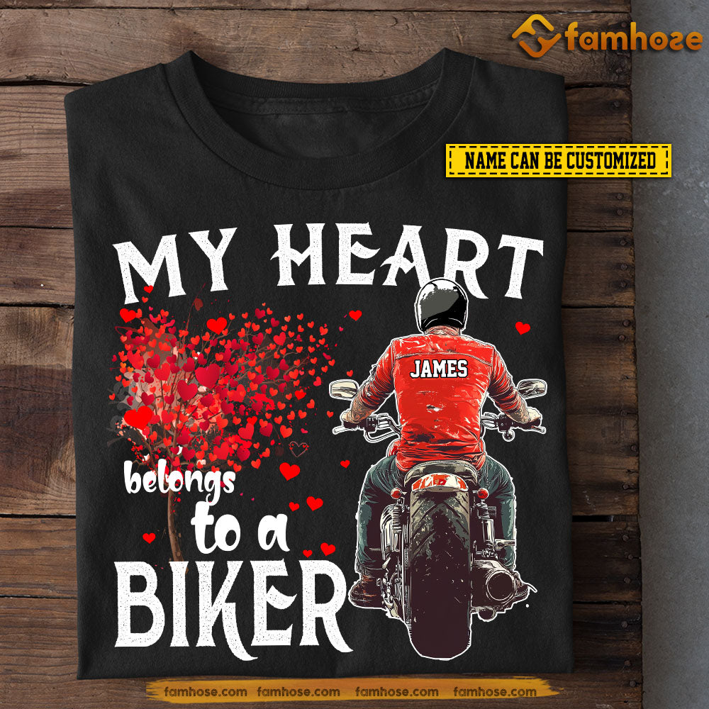 Funny Personalized Biker T-shirt, My Heart Belongs To A Biker Tees Valentine's Day Gift For Girlfriends Or Wife Biker, Motocross Lovers