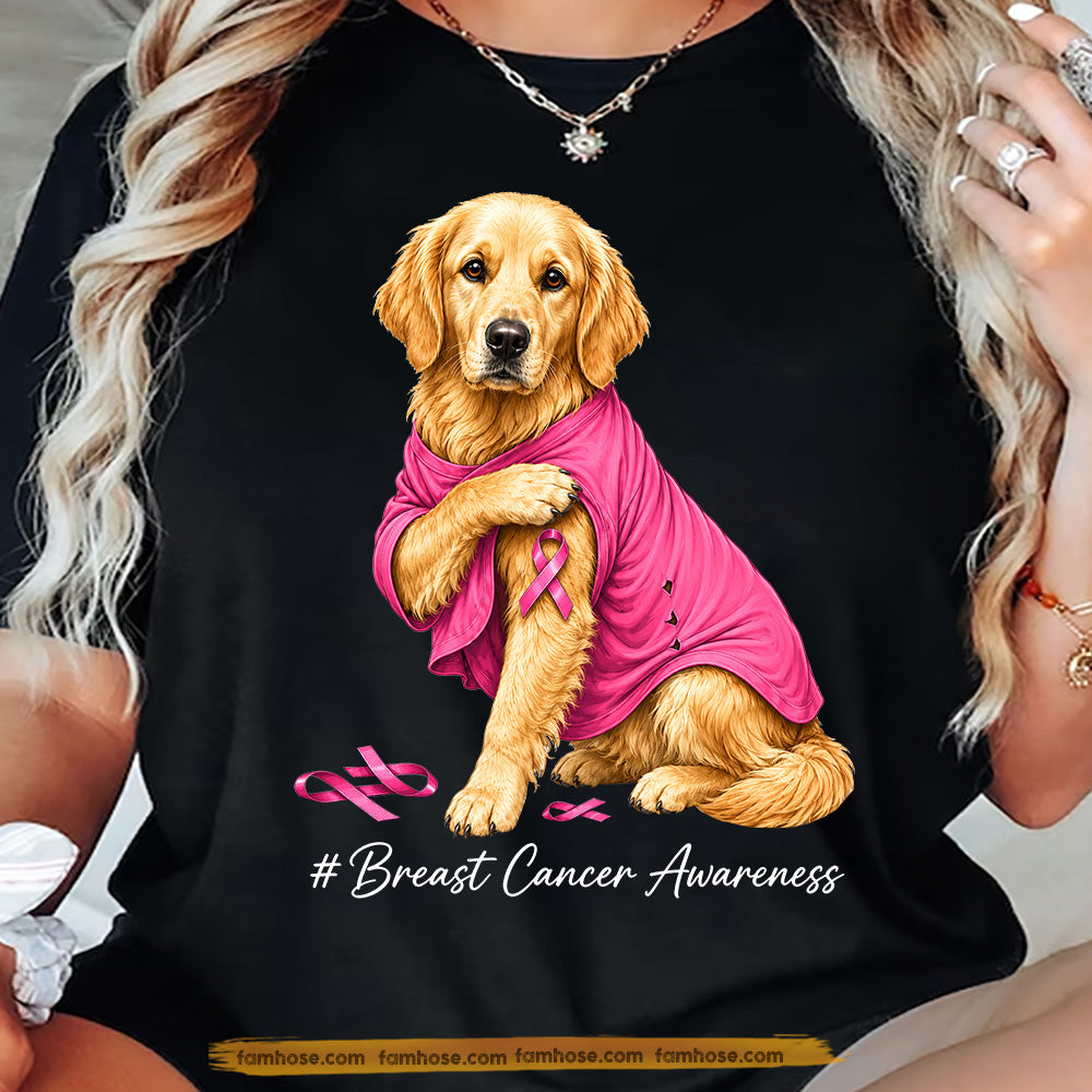 Golden Retriever Dog Breast Cancer Awareness T-shirt, Pink Ribbon Tees Gift For Dog Lovers