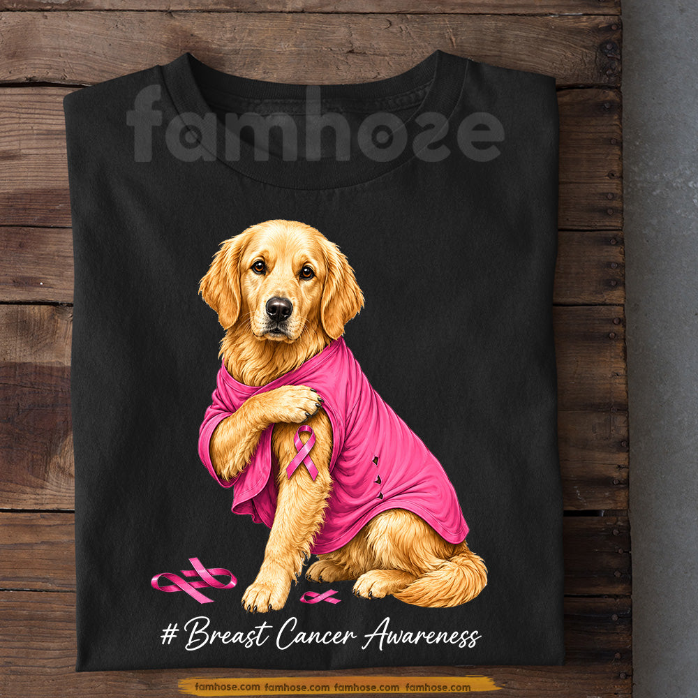 Golden Retriever Dog Breast Cancer Awareness T-shirt, Pink Ribbon Tees Gift For Dog Lovers