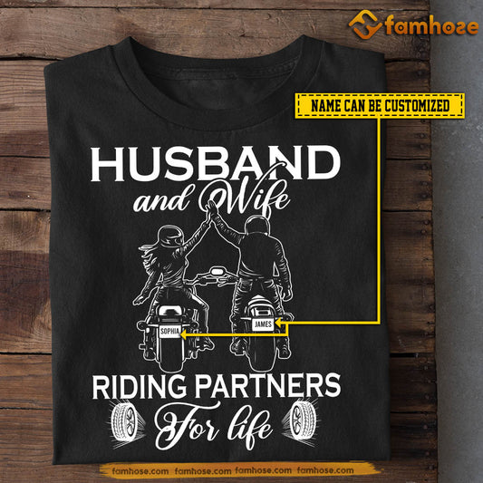 Personalized Couple Biker T-shirt, Riding Partners For Life Tees Valentine's Day Gift For Husband And Wife Biker, Motorcycle Lovers