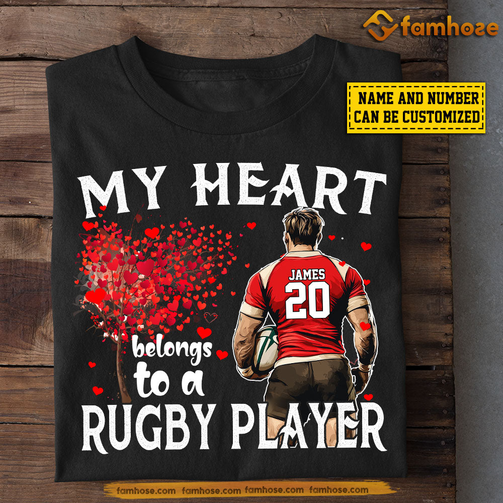 Funny Personalized Rugby T-shirt, My Heart Belongs To A Rugby Player Babe Tees Valentine's Day Gift For Girlfriends Or Wife Rugby Players, Rugby Lovers