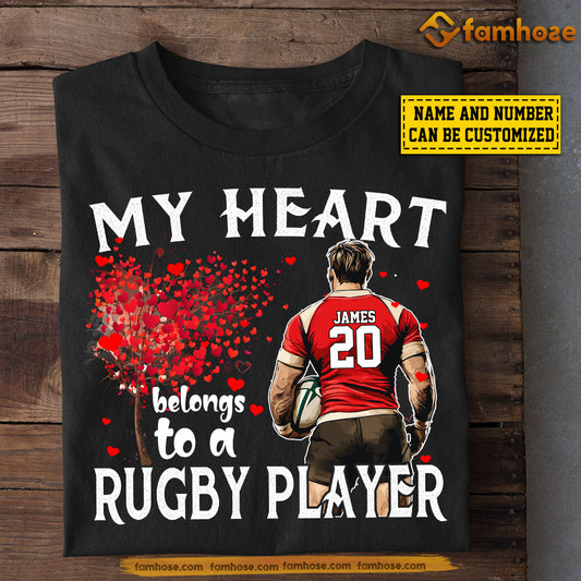 Funny Personalized Rugby T-shirt, My Heart Belongs To A Rugby Player Babe Tees Valentine's Day Gift For Girlfriends Or Wife Rugby Players, Rugby Lovers
