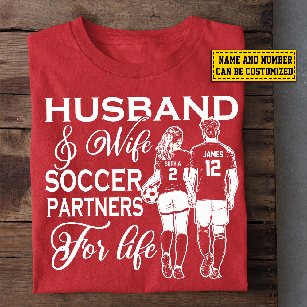 Funny Personalized Couple Soccer T-shirt, Soccer Partners For Life Tees Valentine's Day Gift For Husband And Wife Soccer Players, Soccer-Loving Couple
