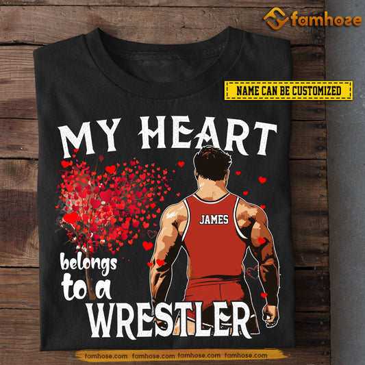 Funny Personalized Wrestling T-shirt, My Heart Belongs To A Wrestler Tees Valentine's Day Gift For Girlfriends Or Wife Wrestler, Wrestling Lovers