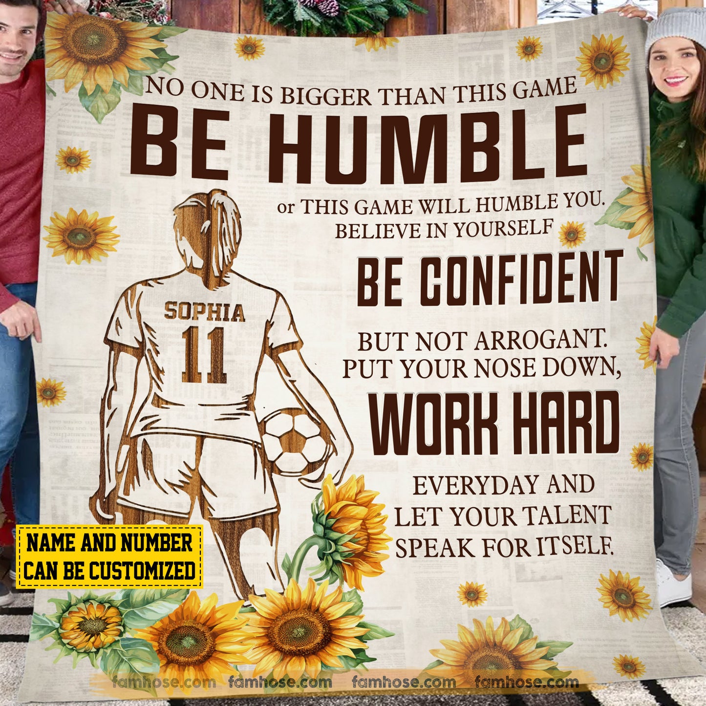 Motivational Personalized Soccer Girl Fleece Blanket, Be Humble Be Confident And Work Hard Sport Woven Blanket, Cool Sherpa Blanket Gift For Soccer Lovers