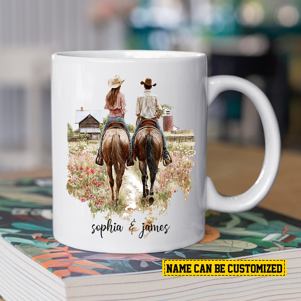 Personalized Horse Riding Couple Mug, Riding Partners For Life, Best Valentine's Day Gift For Rodeo-Loving Couple, Cowboys & Cowgirl Lovers