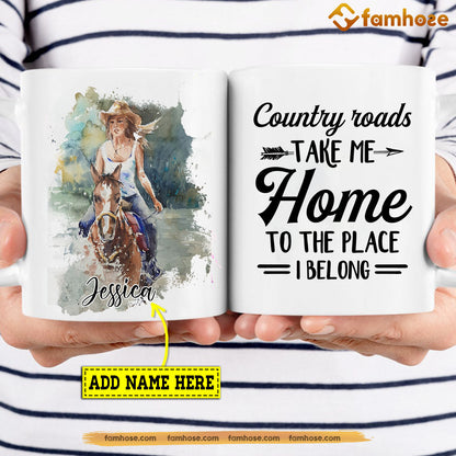 Personalized Cowgirl Mug, Country Roads Take Me Home Mug, Cups Gift For Rodeo Lovers, Horse Owner