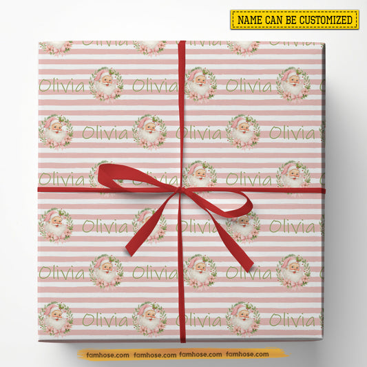 Personalized Christmas Wrapping Paper, Pink Santa Claus Smiles Wrapping Paper Rolls Gift