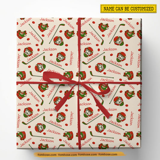Personalized Christmas Hockey Wrapping Paper, Custom Sports Wrapping Paper Rolls, Xmas Gift Wrap For Hockey Lover