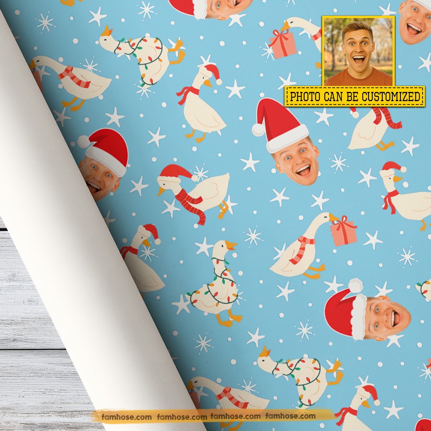 Personalized Christmas Wrapping Paper, Custom Yourself Wearing Santa Claus Hat In Blue Background Wrapping Paper Rolls Xmas Gift