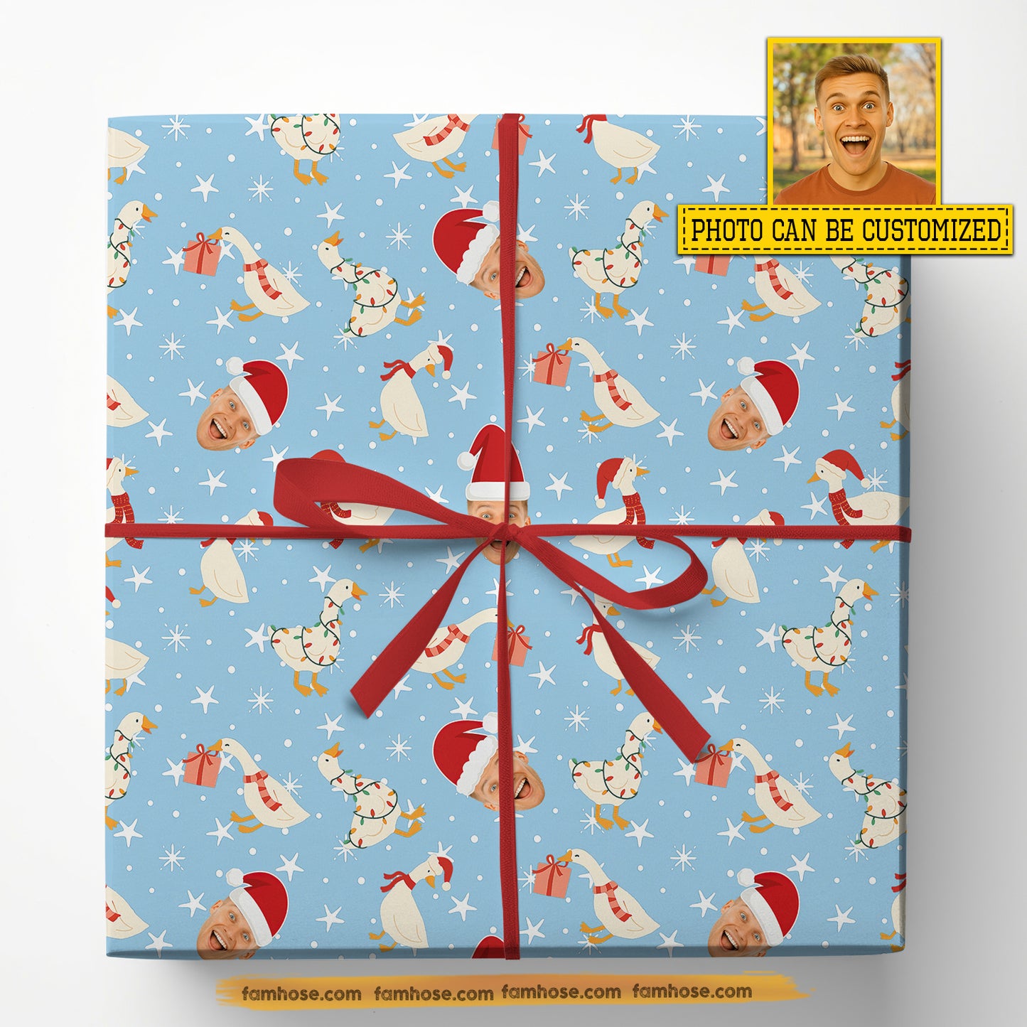 Personalized Christmas Wrapping Paper, Custom Yourself Wearing Santa Claus Hat In Blue Background Wrapping Paper Rolls Xmas Gift