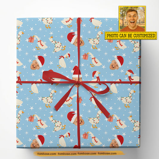Personalized Christmas Wrapping Paper, Custom Yourself Wearing Santa Claus Hat In Blue Background Wrapping Paper Rolls Xmas Gift