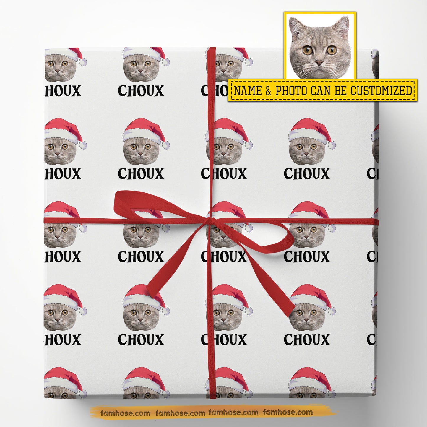 Personalized Christmas Cat Wrapping Paper, Custom Cat In Gray Background Wrapping Paper Rolls, Xmas Gift Wrap For Cat Lover