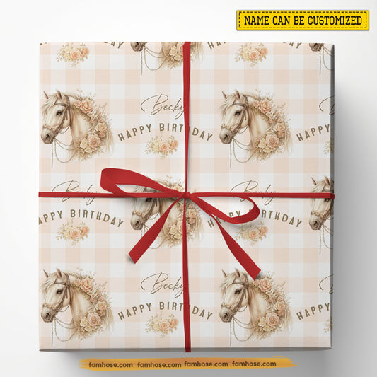 Cute Personalized Birthday Horse Wrapping Paper, Happy Birthday Wrapping Paper Rolls, Birthday Gift Wrap For Horse Lover