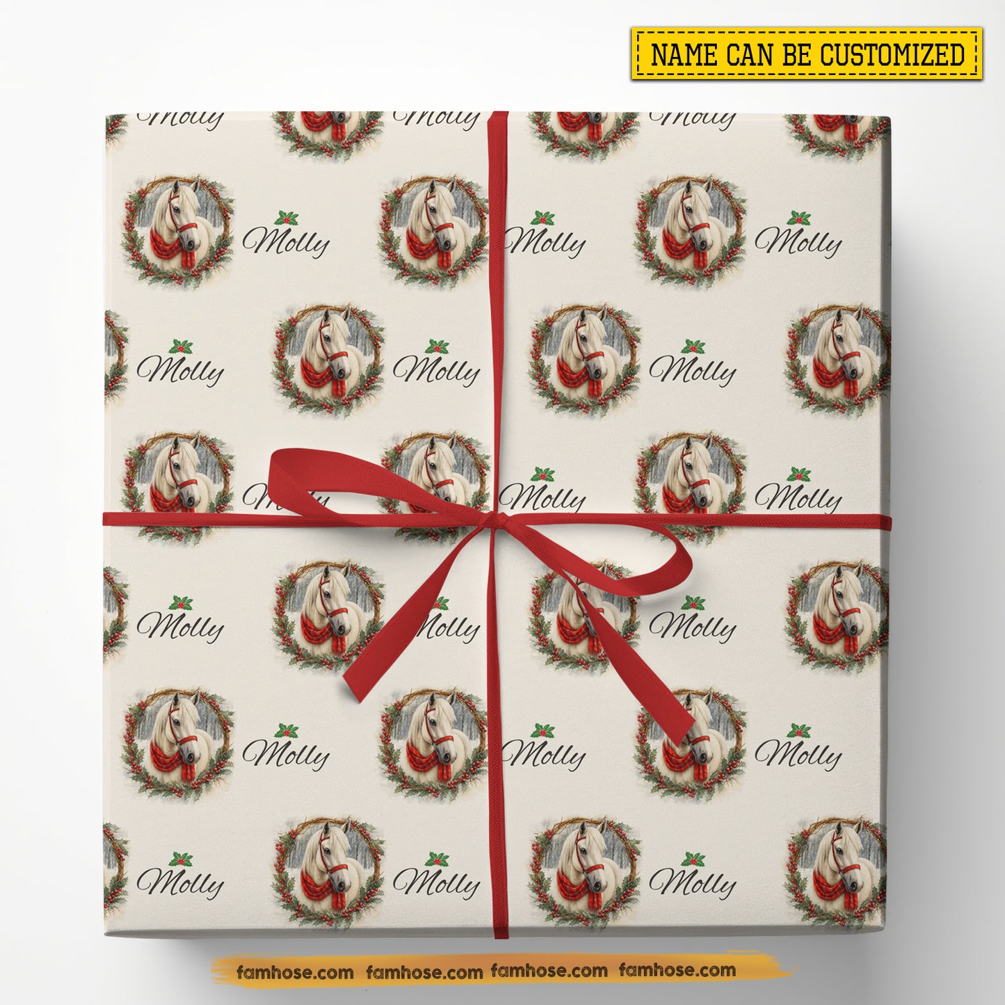 Personalized Christmas Horse Wrapping Paper, Elegant Horse Garland Wrapping Paper Rolls, Xmas Gift Wrap For Horse Lover