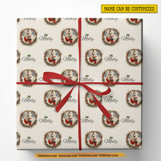 Personalized Christmas Horse Wrapping Paper, Elegant Horse Garland Wrapping Paper Rolls, Xmas Gift Wrap For Horse Lover