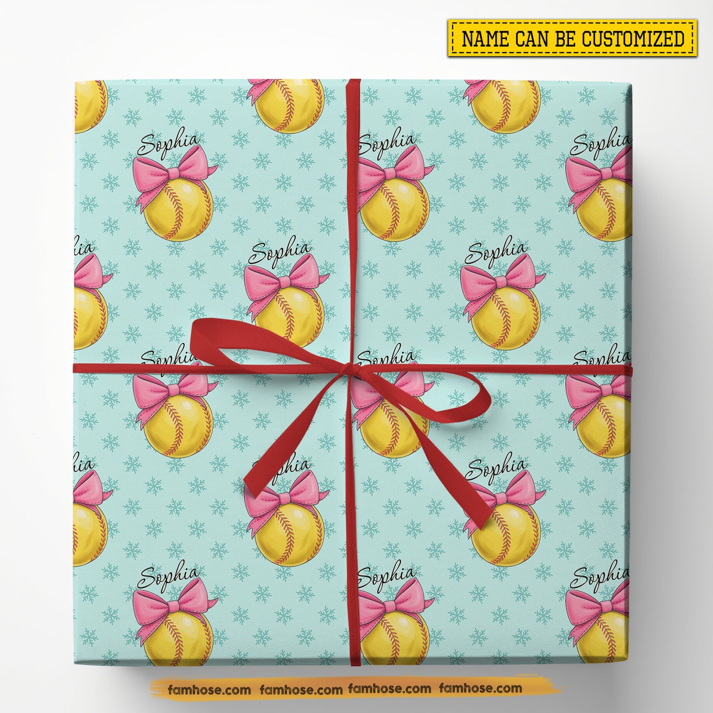 Personalized Softball Wrapping Paper, Softballs Wearing Bow Wrapping Paper Rolls, Gift Wrap For Softball Lover