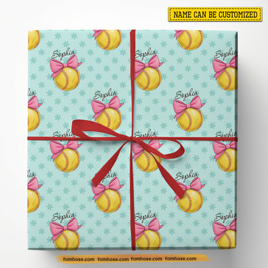 Personalized Softball Wrapping Paper, Softballs Wearing Bow Wrapping Paper Rolls, Gift Wrap For Softball Lover