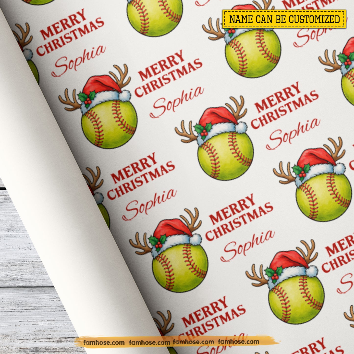 Personalized Christmas Softball Wrapping Paper, Softballs Wearing Santa Hat Wrapping Paper Rolls, Xmas Gift Wrap For Softball Lover