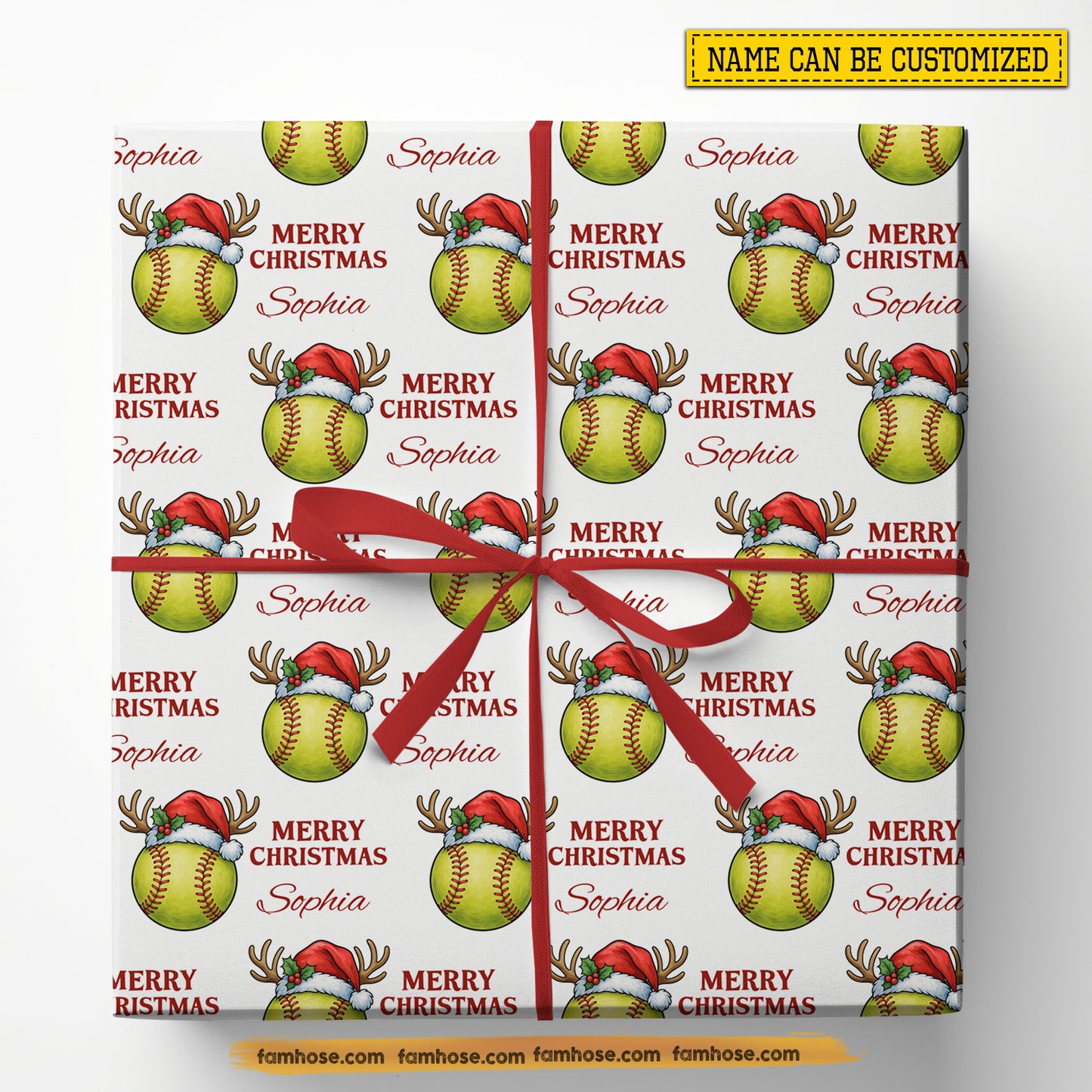 Personalized Christmas Softball Wrapping Paper, Softballs Wearing Santa Hat Wrapping Paper Rolls, Xmas Gift Wrap For Softball Lover