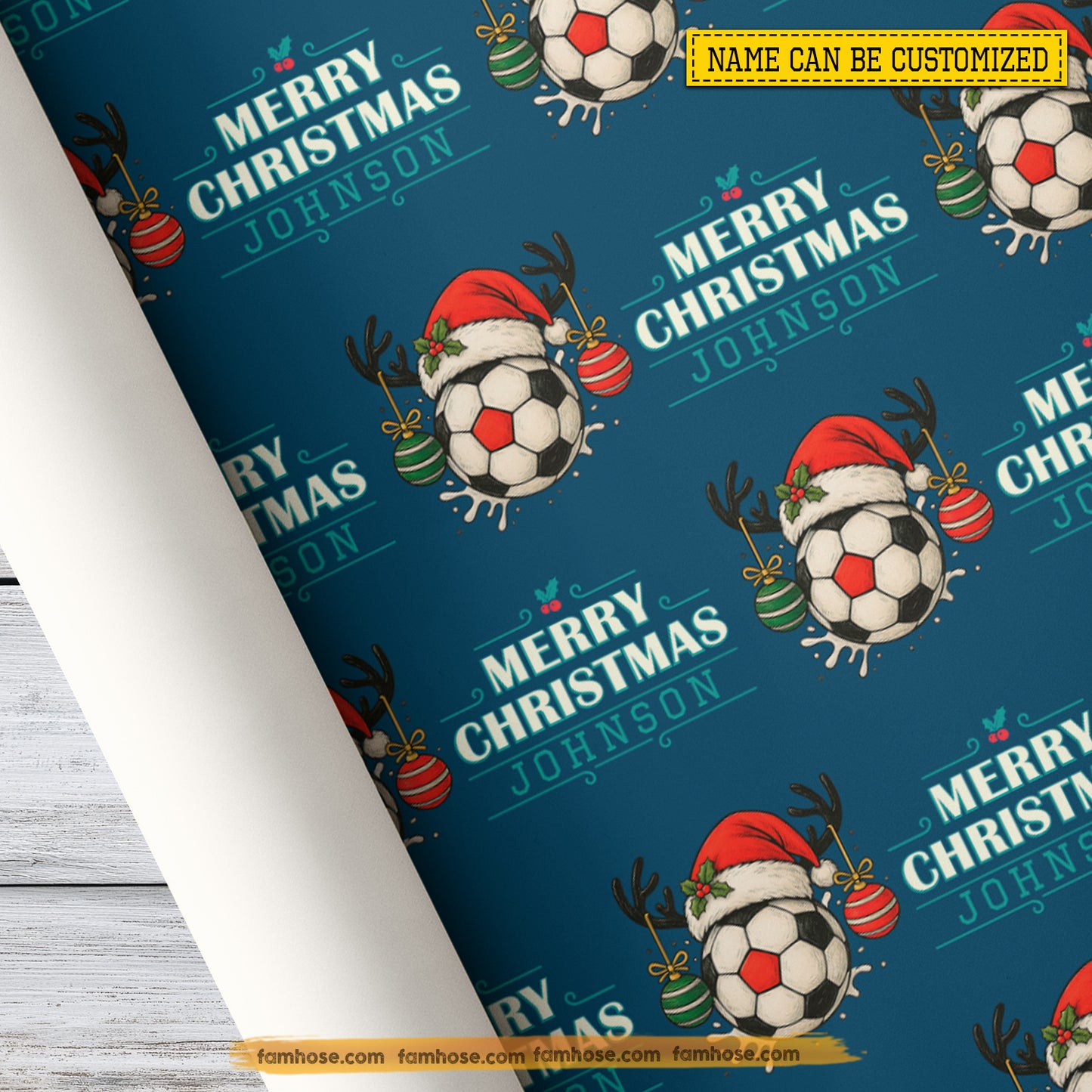 Personalized Christmas Soccer Wrapping Paper, Balls Wearing Santa Hat Wrapping Paper Rolls, Xmas Gift Wrap For Soccer Lover