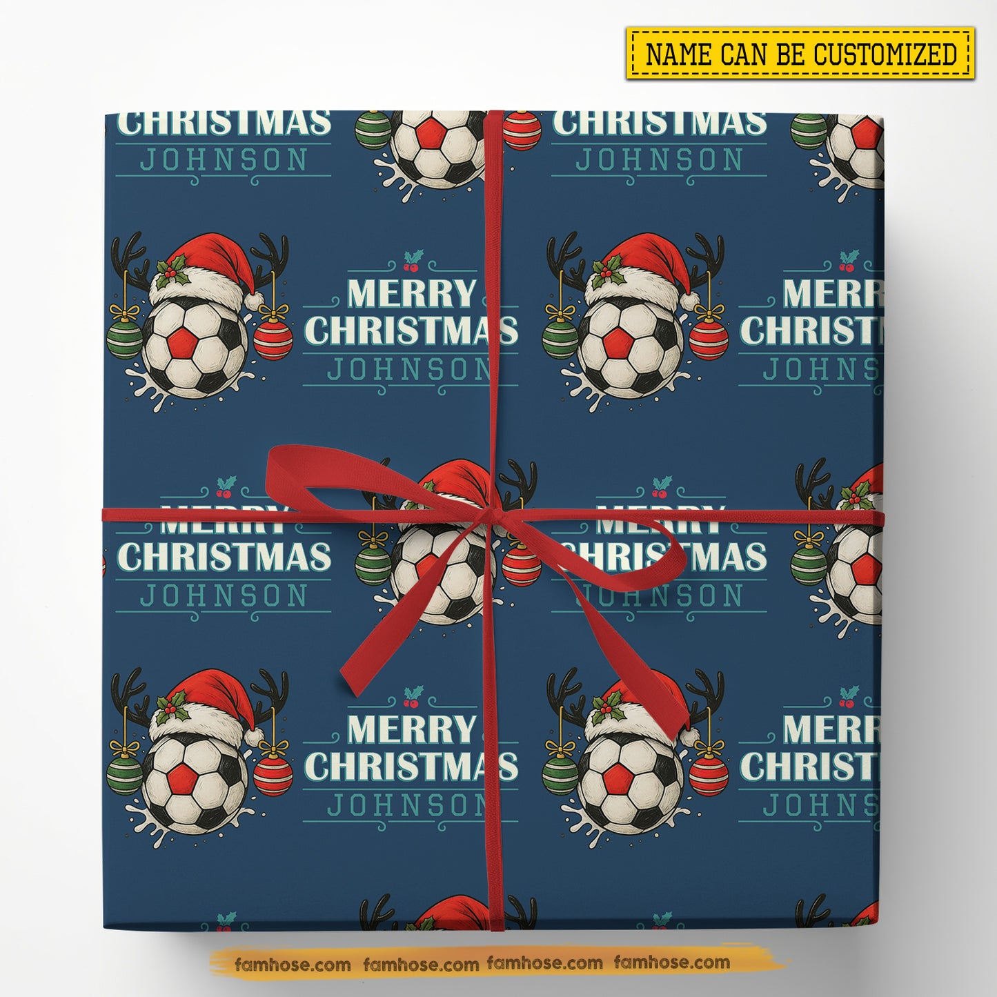 Personalized Christmas Soccer Wrapping Paper, Balls Wearing Santa Hat Wrapping Paper Rolls, Xmas Gift Wrap For Soccer Lover