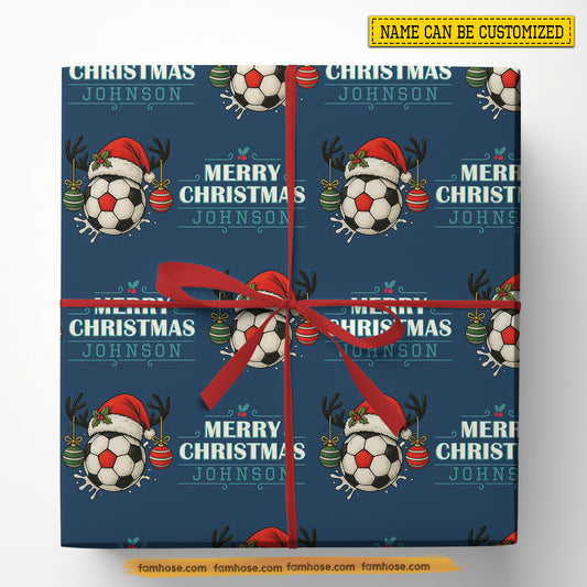 Personalized Christmas Soccer Wrapping Paper, Balls Wearing Santa Hat Wrapping Paper Rolls, Xmas Gift Wrap For Soccer Lover