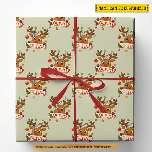 Personalized Christmas Reindeer Wrapping Paper, Cute Reindeer Smiles Wrapping Paper Rolls Xmas Gift