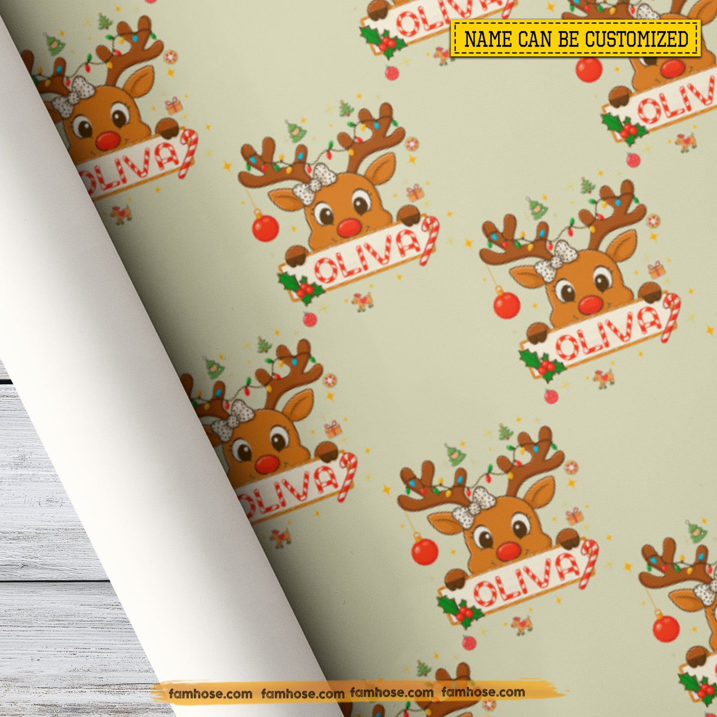 Personalized Christmas Reindeer Wrapping Paper, Cute Reindeer Smiles Wrapping Paper Rolls Xmas Gift
