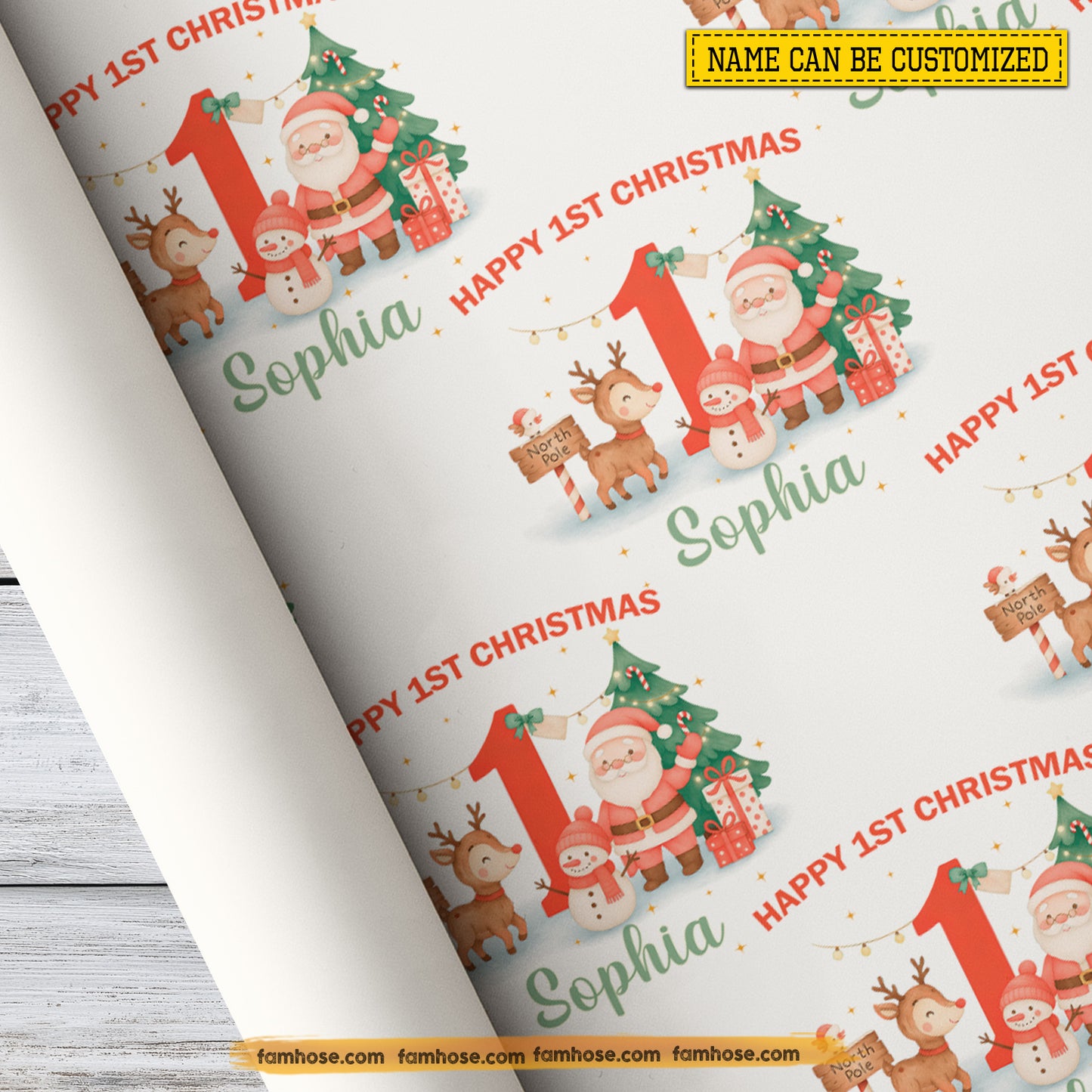 Personalized First Christmas Wrapping Paper, Happy 1st Christmas In White Background Wrapping Paper Rolls Xmas Gift