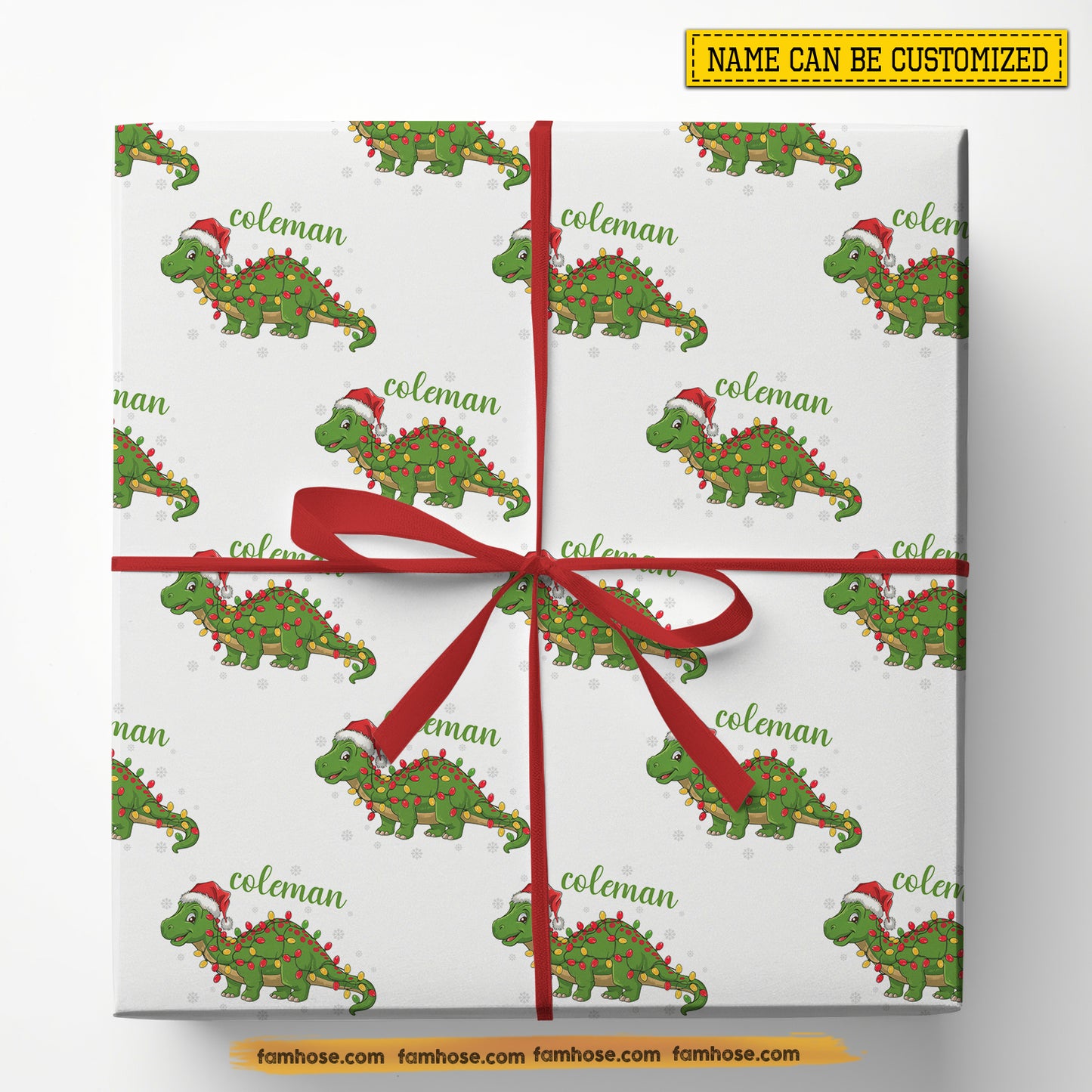 Cute Personalized Christmas Dinasour Wrapping Paper, Dinasour Wears Santa Hat Wrapping Paper Rolls, Xmas Gift Wrap Dinasour Lover