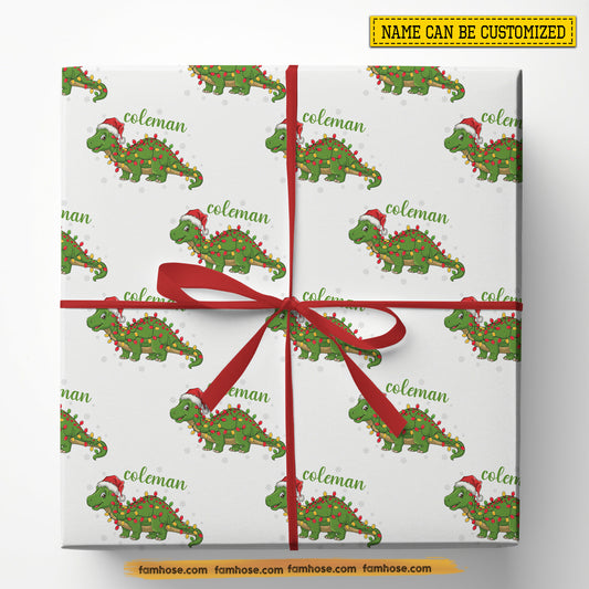 Cute Personalized Christmas Dinasour Wrapping Paper, Dinasour Wears Santa Hat Wrapping Paper Rolls, Xmas Gift Wrap Dinasour Lover
