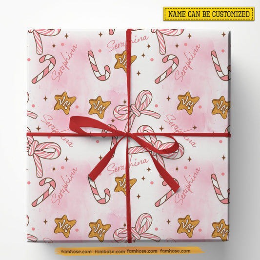 Personalized Christmas Wrapping Paper, Candy Wonderland In Pink Background Wrapping Paper Rolls Xmas Gift