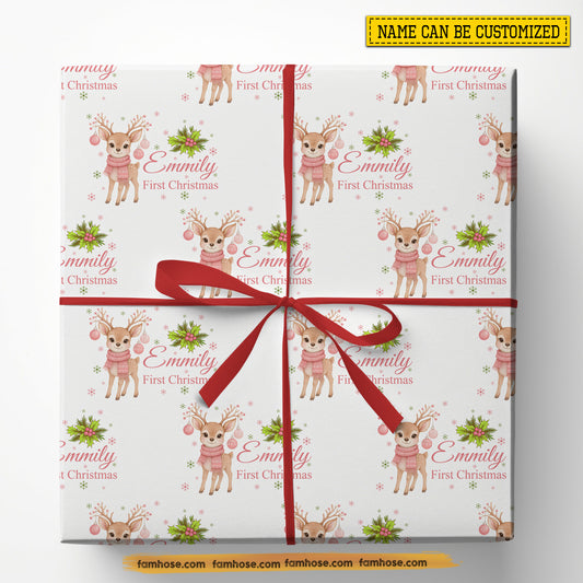 Personalized First Christmas Wrapping Paper, 1st Christmas In White Background Wrapping Paper Rolls Xmas Gift