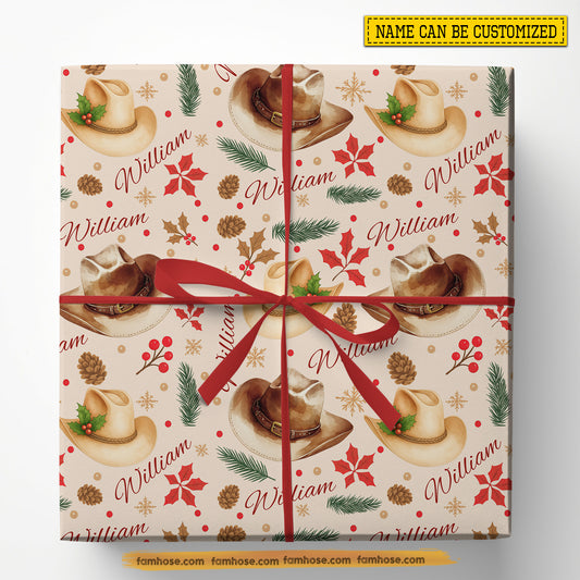 Personalized Christmas Cowboy Wrapping Paper, Cowboy Hats Wrapping Paper Rolls, Xmas Gift Wrap For Cowboy