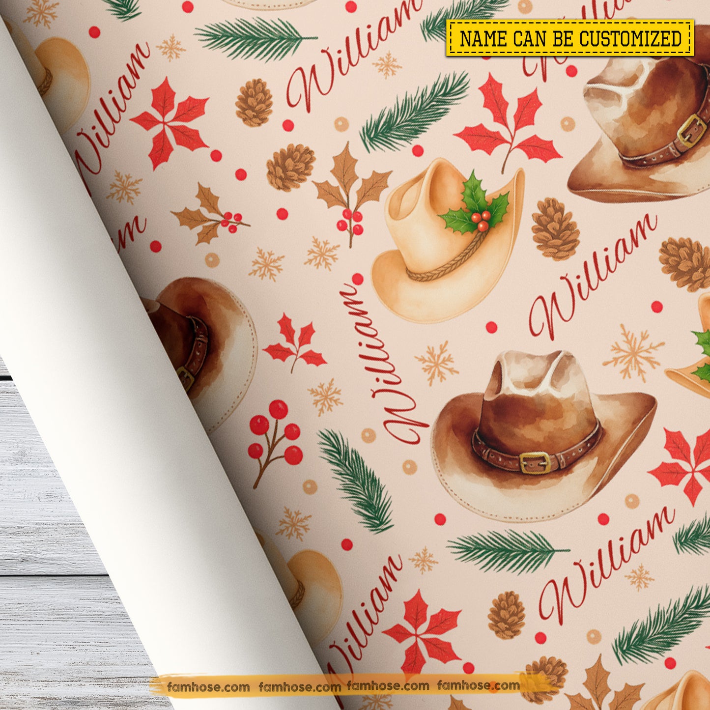 Personalized Christmas Cowboy Wrapping Paper, Cowboy Hats Wrapping Paper Rolls, Xmas Gift Wrap For Cowboy