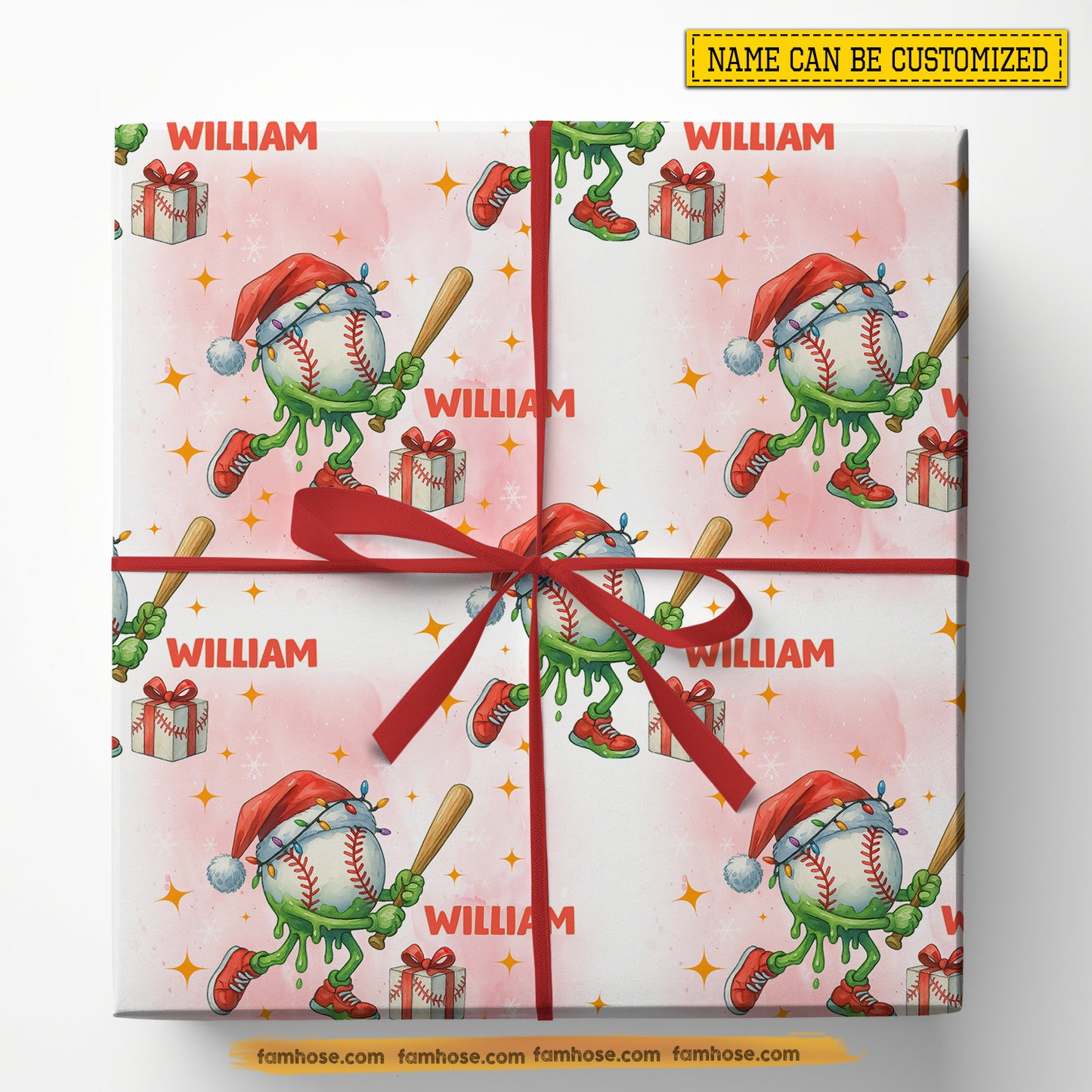 Personalized Christmas Baseball Wrapping Paper, Santa Hat Monster Baseball Wrapping Paper Rolls, Xmas Gift Wrap For Baseball Lover