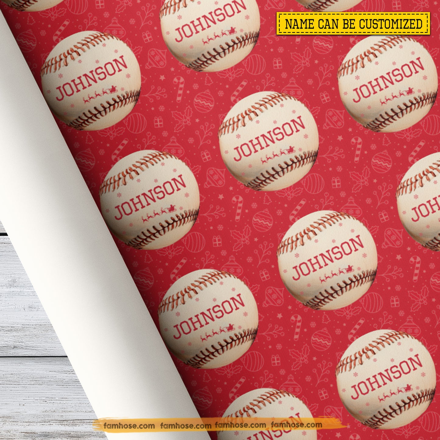 Personalized Christmas Baseball Wrapping Paper, Baseball In Red Background Wrapping Paper Rolls, Xmas Gift Wrap For Baseball Lover